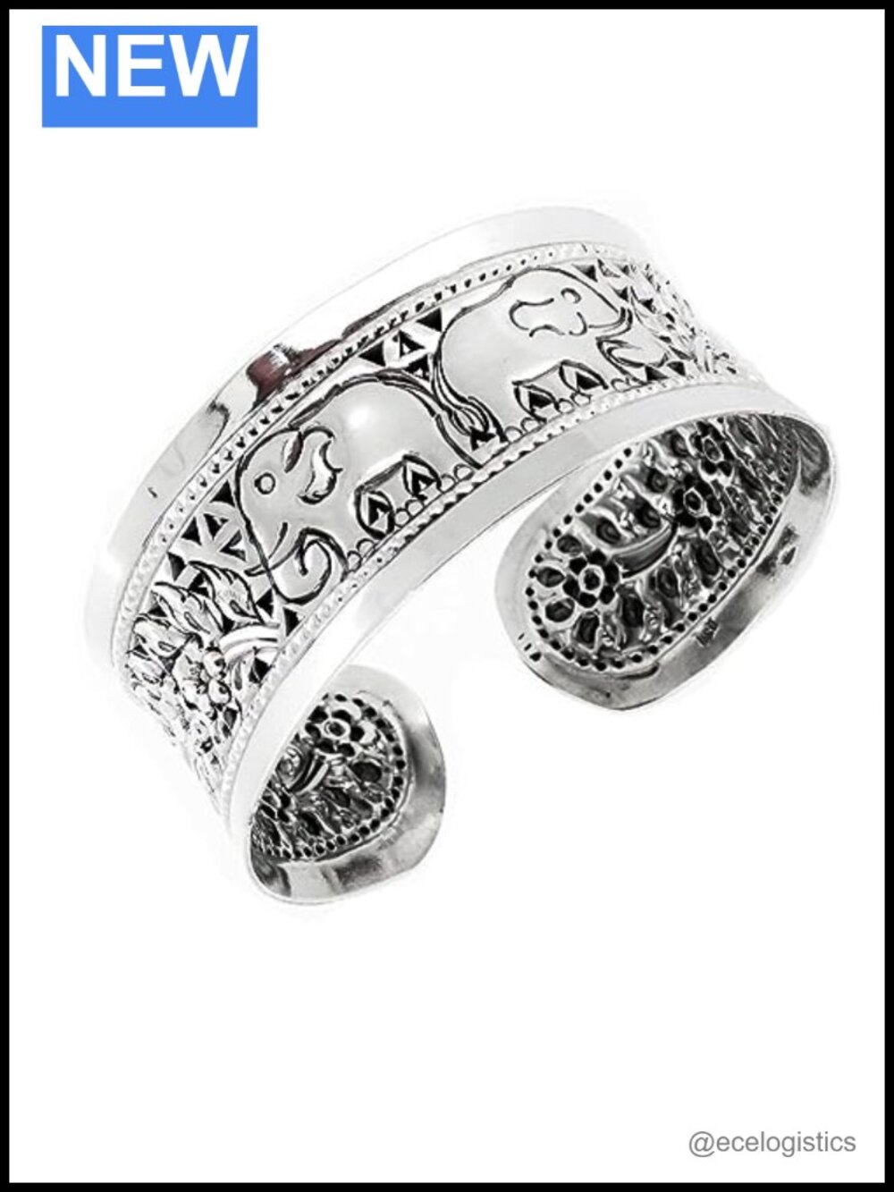 925 Sterling Silver Elephant Cuff Bangle Bracelet